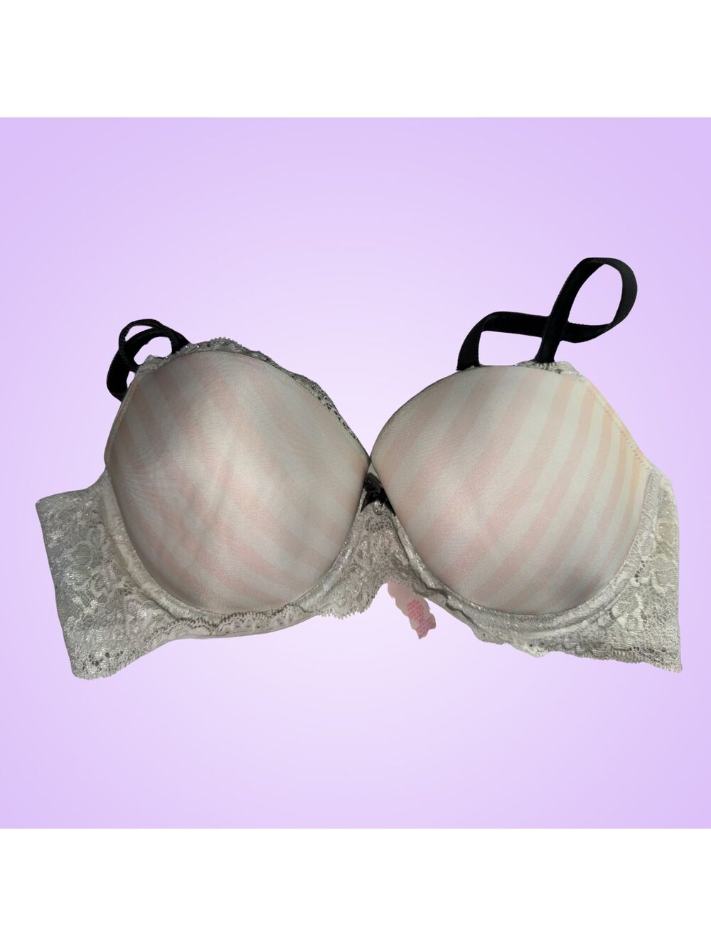 Victoria’s Secret Dream Angels Lined Demi Bra 36C White Pink Stripes Gray Lace